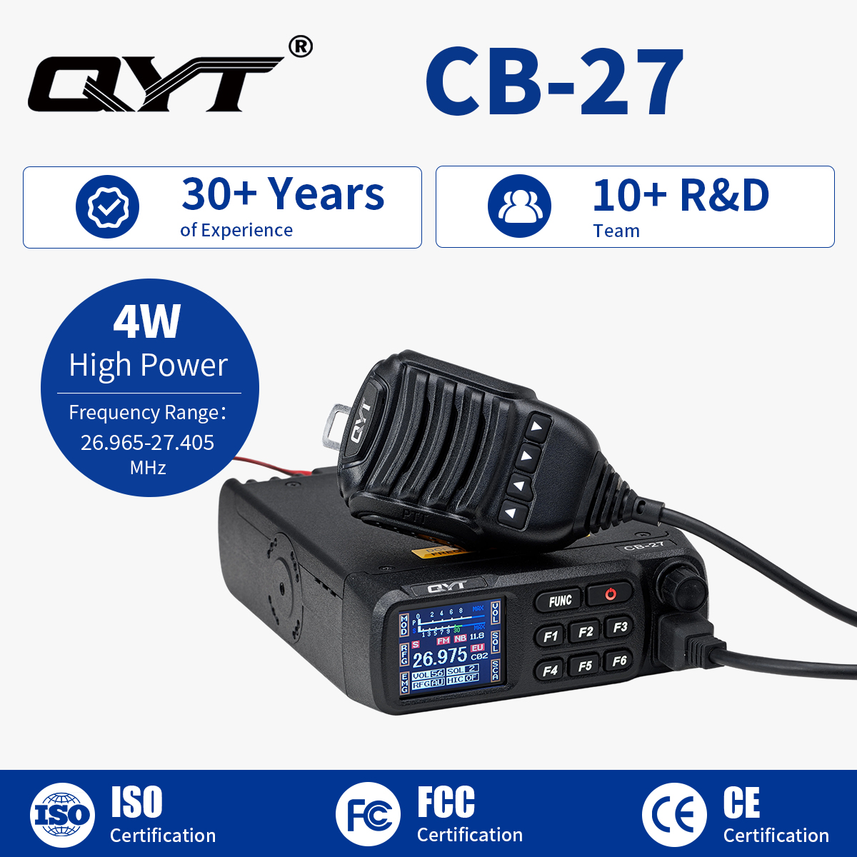 CB-27 4W AM FM Color Screen HF 26.965-27.405MHz Mobile Citizen Band Radio